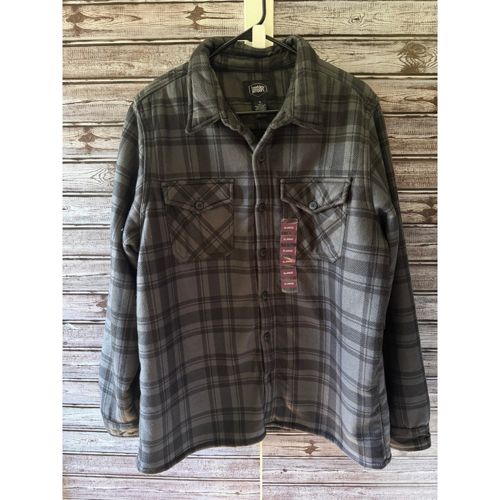 Berkley Jensen Mens XL Gray Plaid Sherpa Lined Flannel Shirt Jacket Shacket NEW